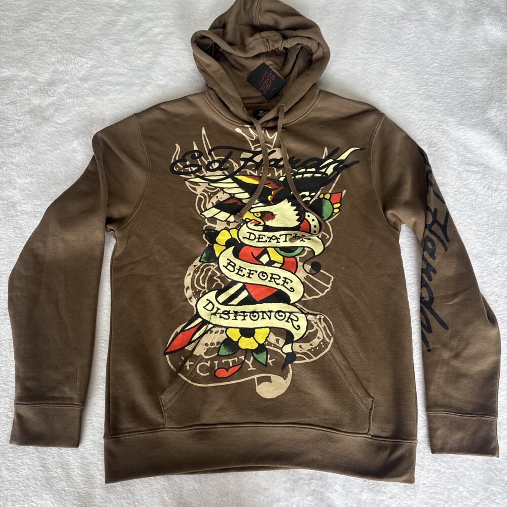 Ed Hardy Brown Pull Over Hoodie Men M NWT